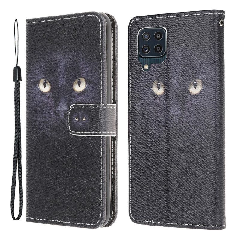 Flip Case Für Samsung Galaxy M32 Mit Kordel Riemchenförmige Schwarze Katzenaugen