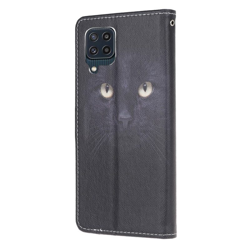 Flip Case Für Samsung Galaxy M32 Mit Kordel Riemchenförmige Schwarze Katzenaugen