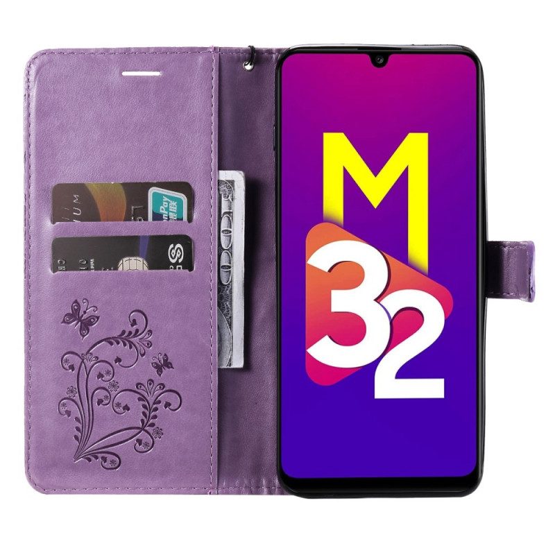 Flip Case Für Samsung Galaxy M32 Mit Kordel Riesige Riemenschmetterlinge