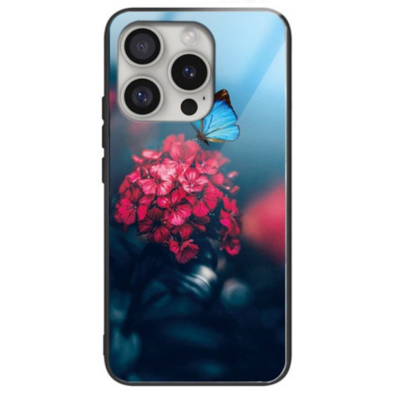 Hülle iPhone 16 Pro Blumen Und Schmetterling Aus Gehärtetem Glas