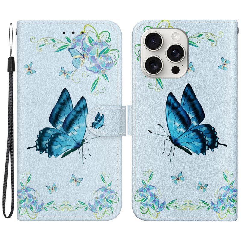 Lederhüllen iPhone 16 Pro Blauer Schmetterling Und Blumen Mit Riemen