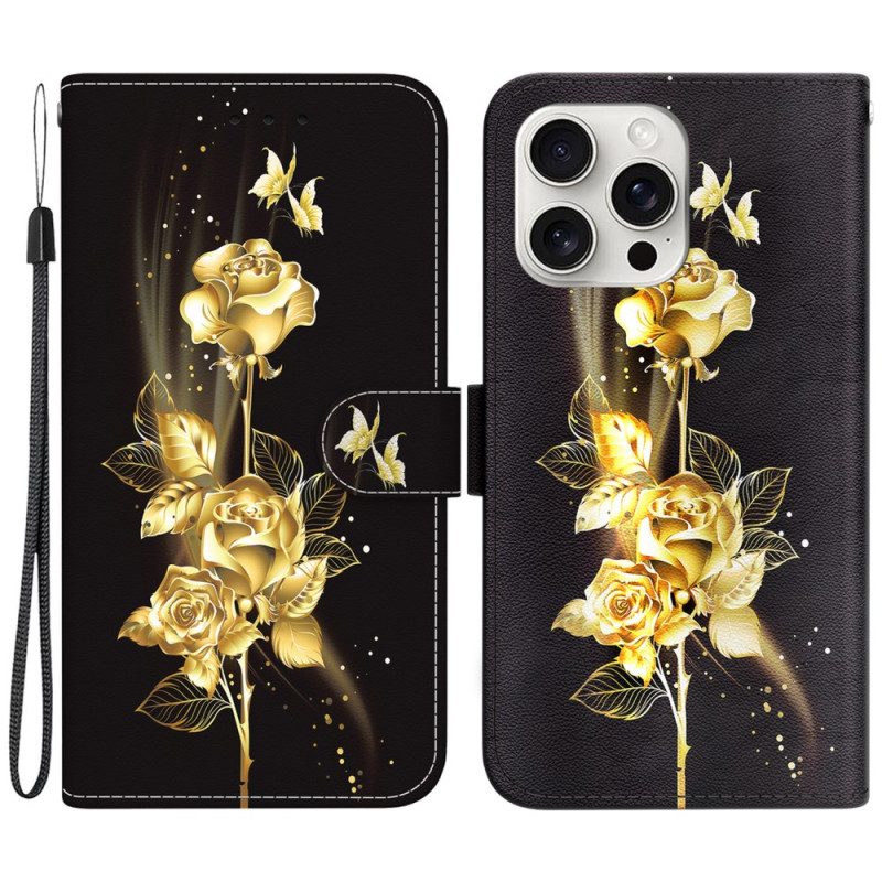 Lederhüllen iPhone 16 Pro Goldene Und Rosa Schmetterlinge Mit Riemen