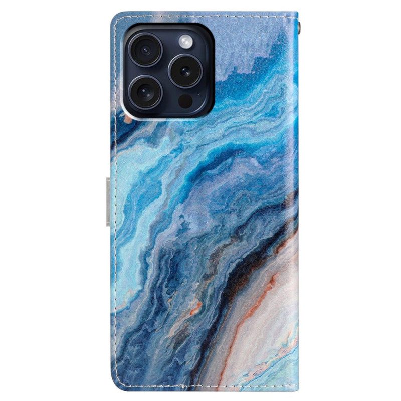 Lederhüllen iPhone 16 Pro Handyhülle Blauer Marmor Mit Riemen