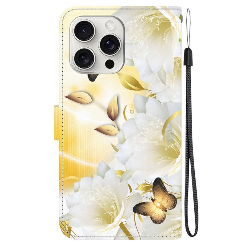 Lederhüllen iPhone 16 Pro Handyhülle Goldene Schmetterlinge Und Weiße Blumen Mit Riemen