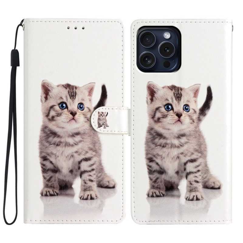 Lederhüllen iPhone 16 Pro Handyhülle Kleine Katze Mit Riemen