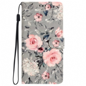 Lederhüllen iPhone 16 Pro Rosa Blumen Auf Grauem Hintergrund Mit Riemen