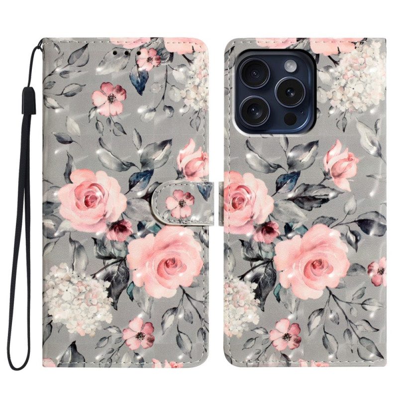 Lederhüllen iPhone 16 Pro Rosa Blumen Auf Grauem Hintergrund Mit Riemen