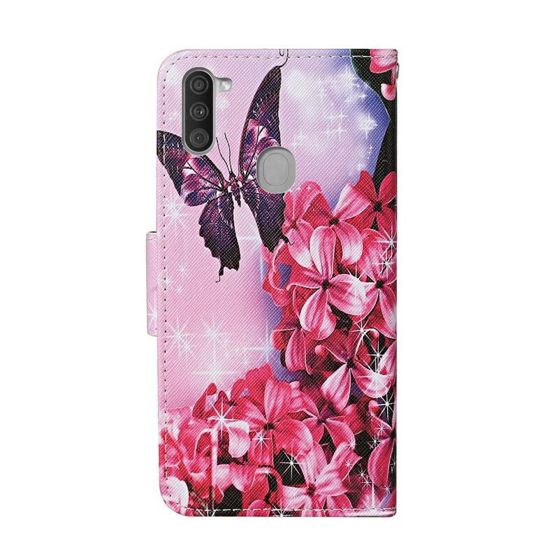 Lederhüllen Für Samsung Galaxy M11 Schmetterlinge Blumen-lanyard