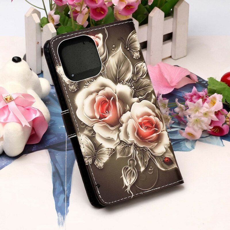 Flip Case Für iPhone 13 Pro Goldene Rosen