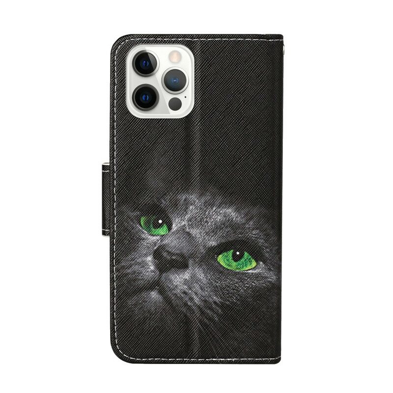 Flip Case Für iPhone 13 Pro Grüne Katzenaugen Mit Schlüsselband