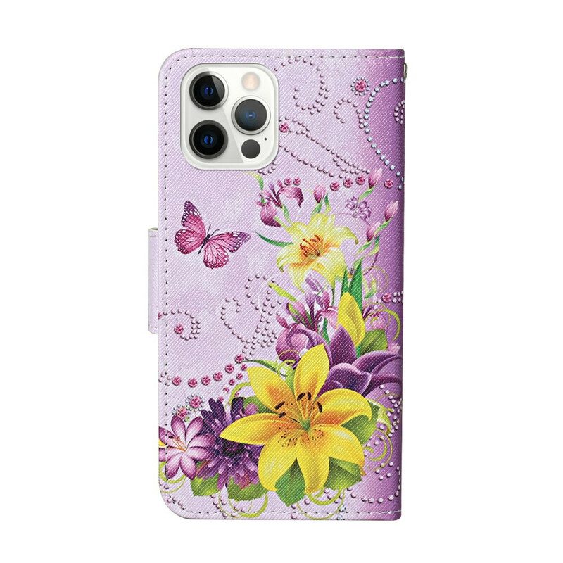 Flip Case Für iPhone 13 Pro Meisterhafte Blumen Mit Riemen