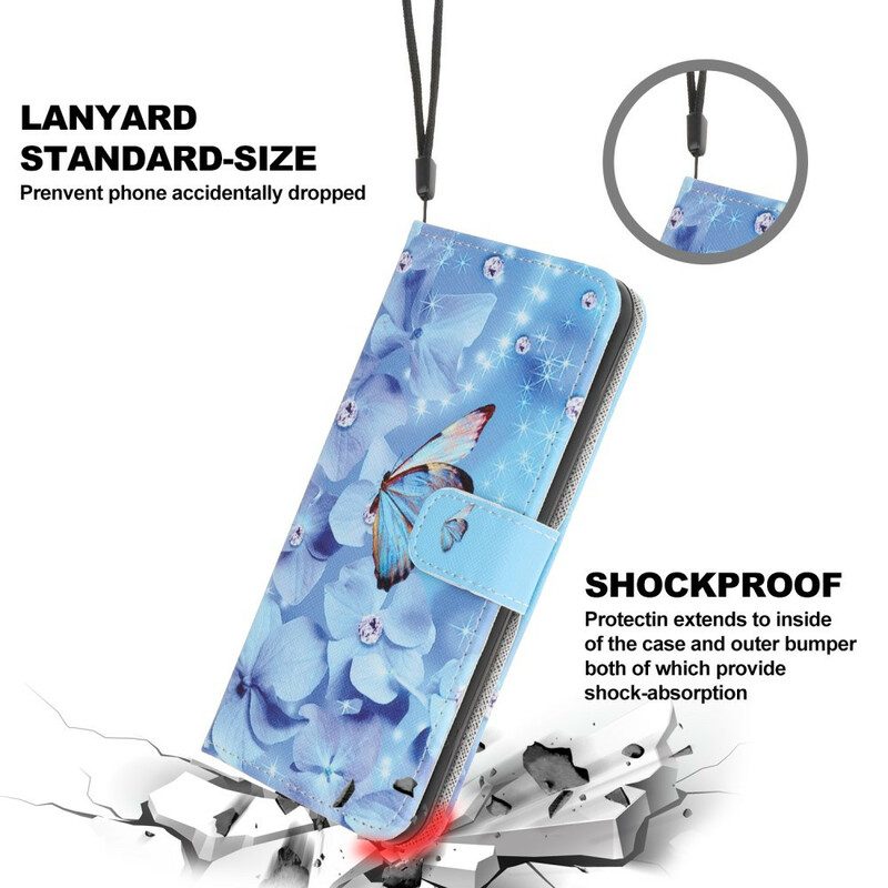 Flip Case Für iPhone 13 Pro Mit Kordel Riemchen-diamant-schmetterlinge