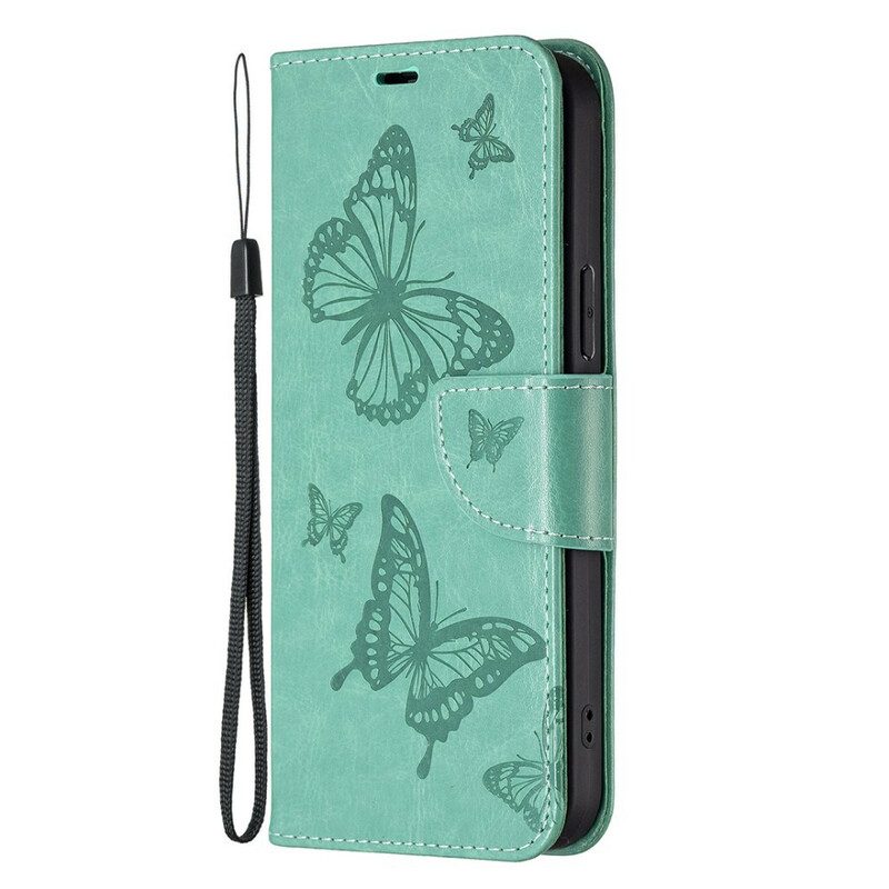 Flip Case Für iPhone 13 Pro Mit Kordel Riemchen Mit Schmetterlingen-print