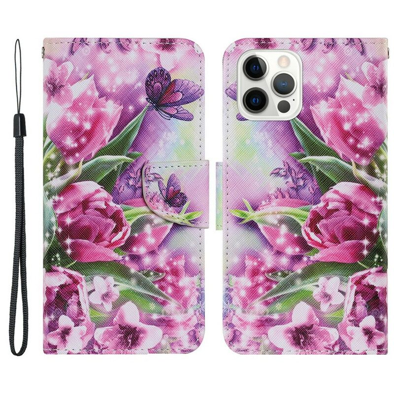 Flip Case Für iPhone 13 Pro Schmetterlinge Und Tulpen