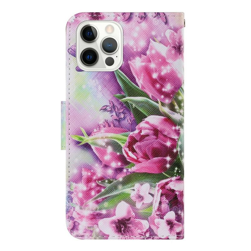 Flip Case Für iPhone 13 Pro Schmetterlinge Und Tulpen