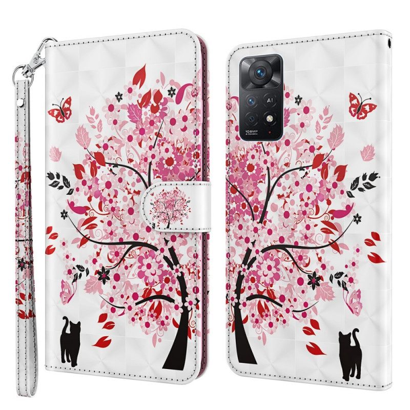 Flip Case Für Xiaomi Redmi Note 11 Pro / 11 Pro 5G Rosa Baum Und Schwarze Katze