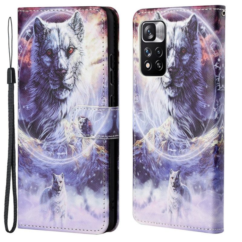 Flip Case Für Xiaomi Redmi Note 11 Pro / 11 Pro 5G Wolf Im Winter Mit Schlüsselband