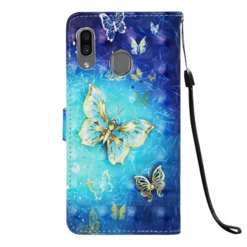 Flip Case Für Samsung Galaxy A30 Mit Kordel Goldene Schmetterlinge Mit Riemen