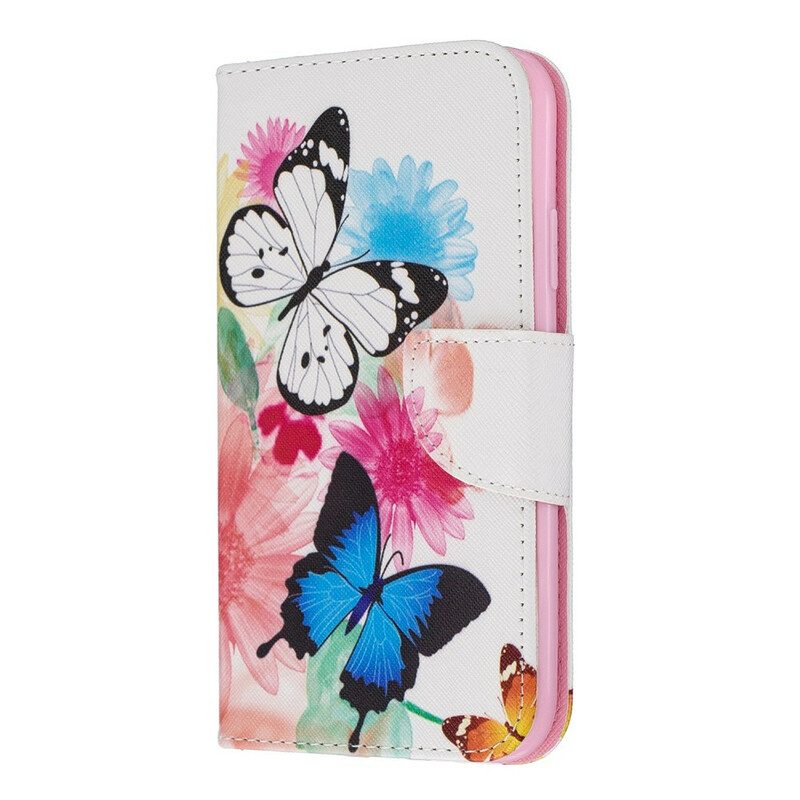 Flip Case Für iPhone 11 Bemalte Schmetterlinge Und Blumen