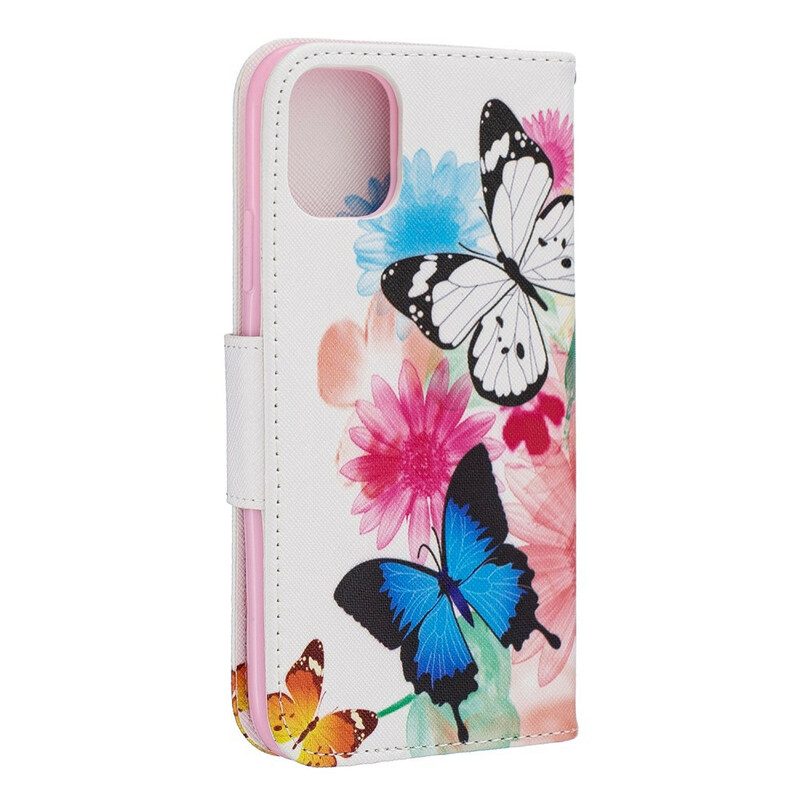 Flip Case Für iPhone 11 Bemalte Schmetterlinge Und Blumen