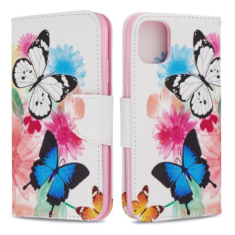 Flip Case Für iPhone 11 Bemalte Schmetterlinge Und Blumen