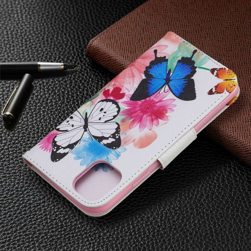 Flip Case Für iPhone 11 Bemalte Schmetterlinge Und Blumen