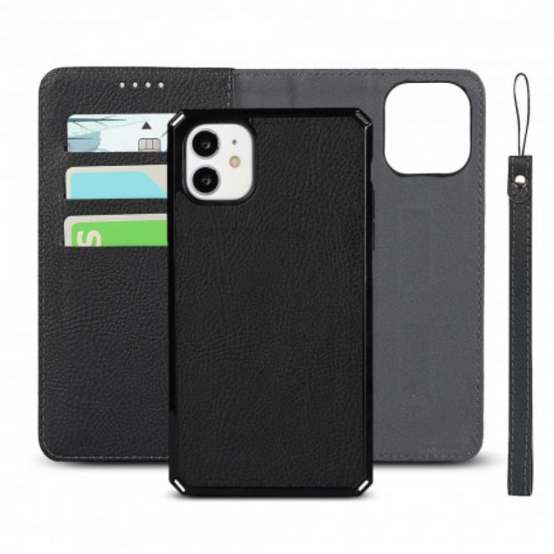 Schutzhülle Für iPhone 11 Mit Kordel Flip Case Echtes Litschi-lederarmband