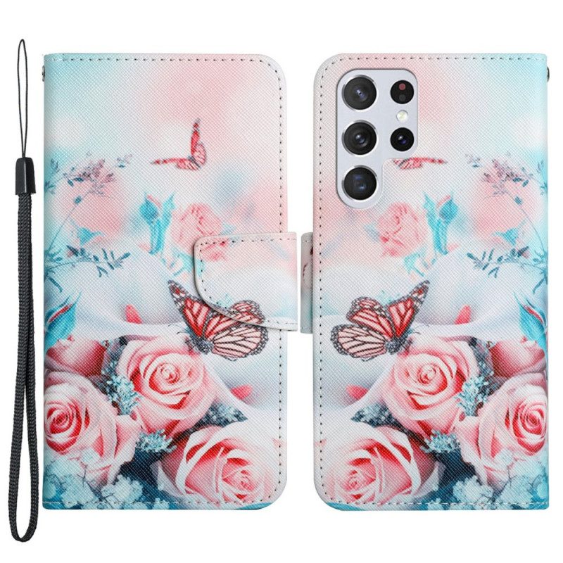 Flip Case Für Samsung Galaxy S22 Ultra 5G Blumenstrauß Und Schmetterlinge