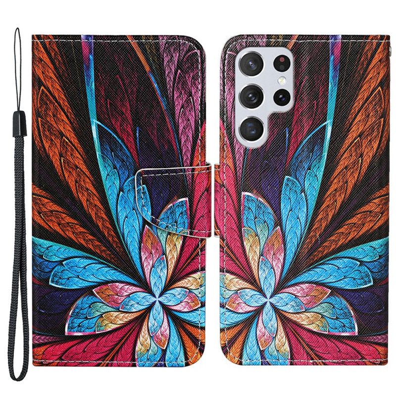 Flip Case Für Samsung Galaxy S22 Ultra 5G Farbige Laken Mit Umhängeband