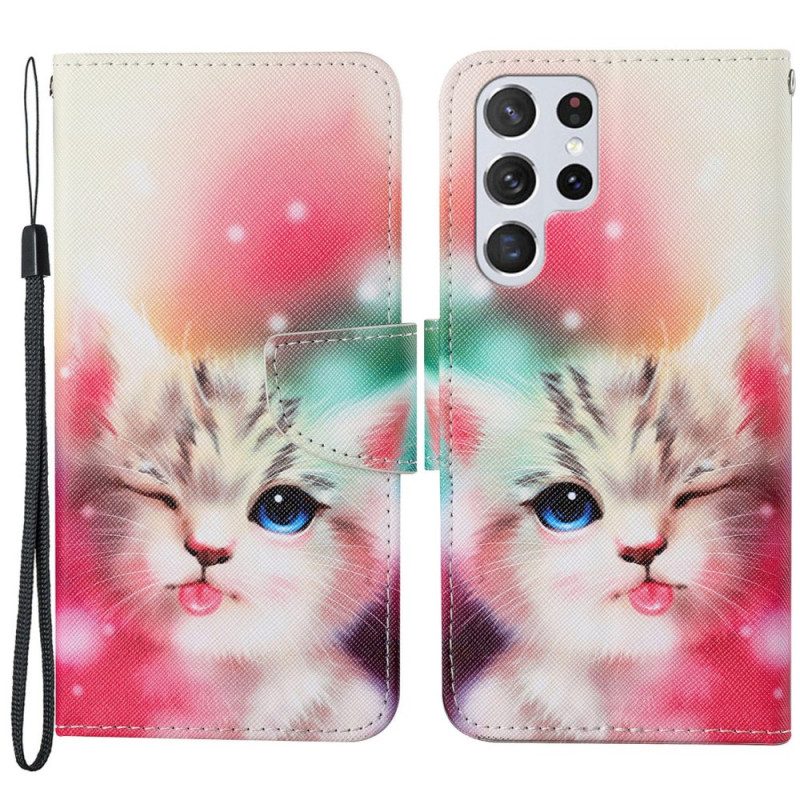 Flip Case Für Samsung Galaxy S22 Ultra 5G Königliche Katze Mit Schlüsselband