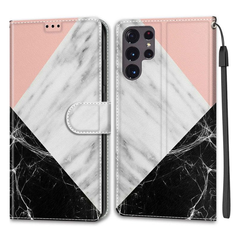 Flip Case Für Samsung Galaxy S22 Ultra 5G Marmor-eleganz Mit Riemen