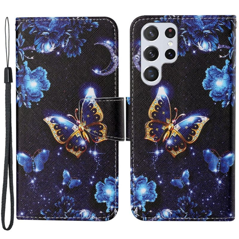 Flip Case Für Samsung Galaxy S22 Ultra 5G Mit Kordel Kostbare Tanga-schmetterlinge