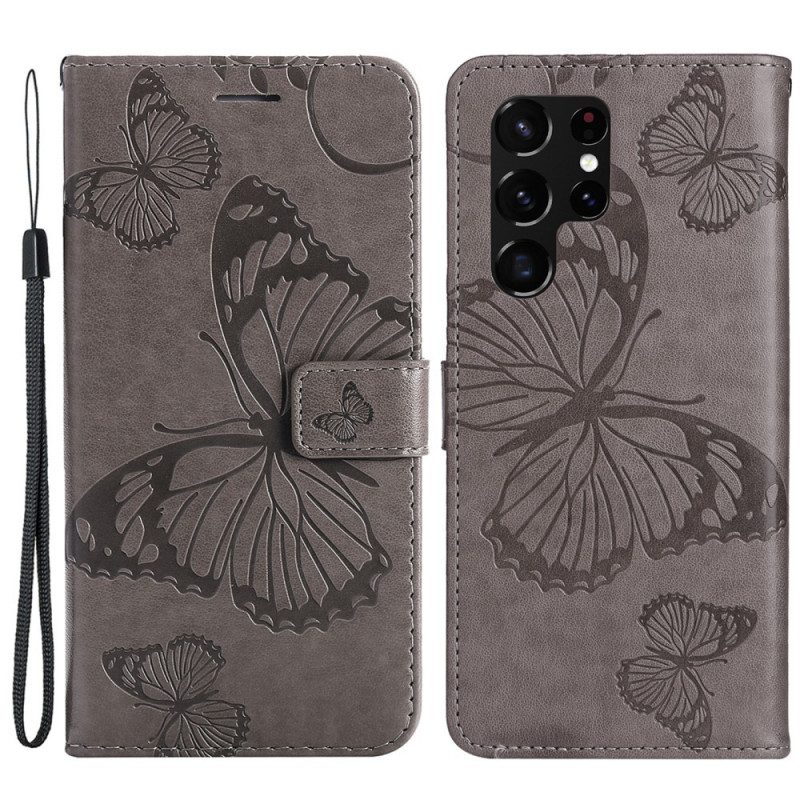 Flip Case Für Samsung Galaxy S22 Ultra 5G Mit Kordel Riesige Riemenschmetterlinge