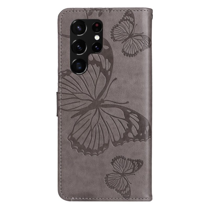 Flip Case Für Samsung Galaxy S22 Ultra 5G Mit Kordel Riesige Riemenschmetterlinge