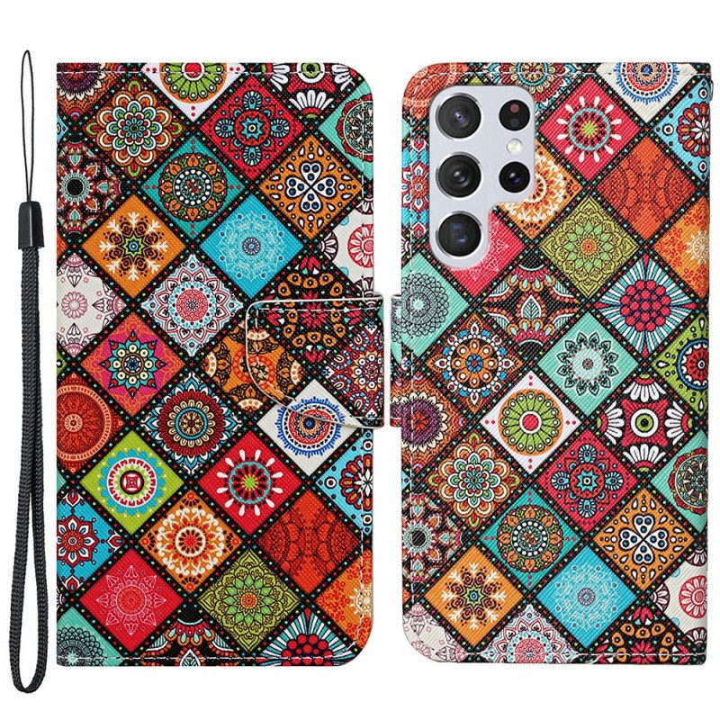 Flip Case Für Samsung Galaxy S22 Ultra 5G Patchwork-mandalas Mit Schlüsselband