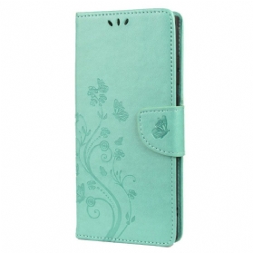 Flip Case Für Samsung Galaxy S22 Ultra 5G Schmetterlinge Und Blumen Mit Schlüsselband