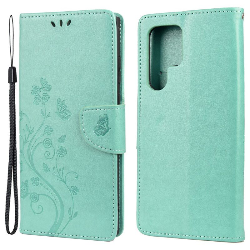 Flip Case Für Samsung Galaxy S22 Ultra 5G Schmetterlinge Und Blumen Mit Schlüsselband