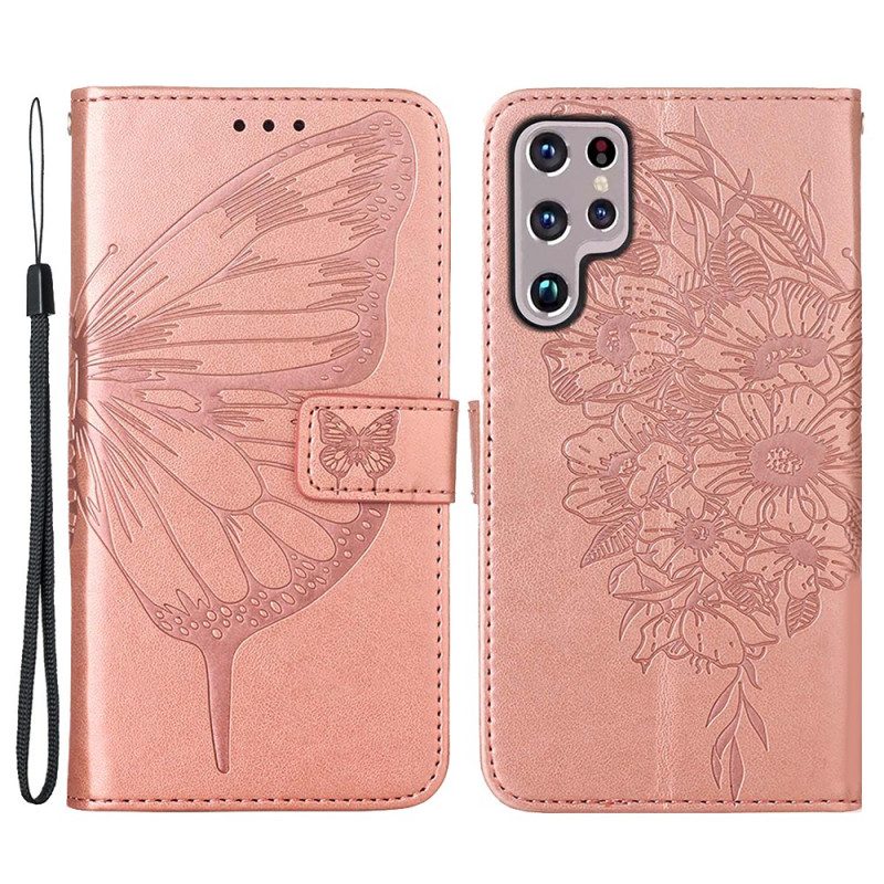 Flip Case Für Samsung Galaxy S22 Ultra 5G Schmetterlingsdesign Mit Umhängeband