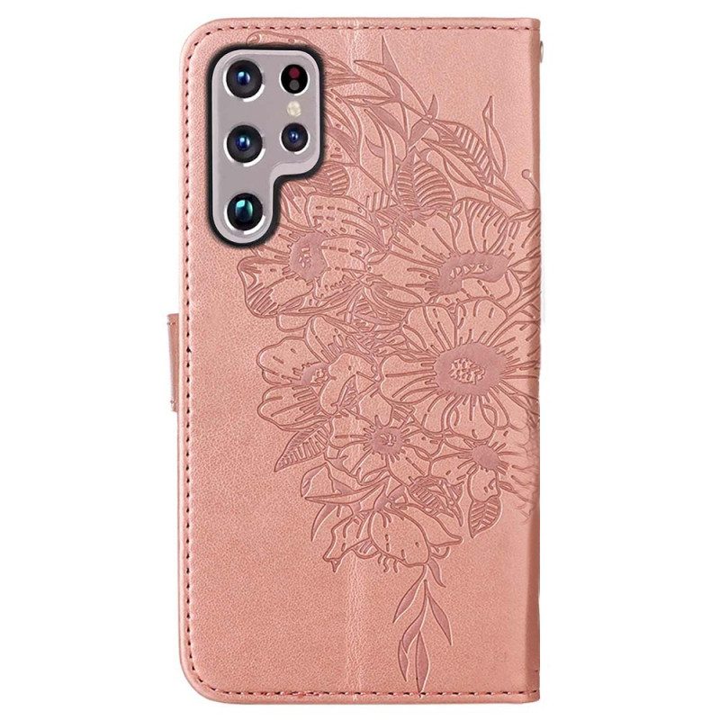 Flip Case Für Samsung Galaxy S22 Ultra 5G Schmetterlingsdesign Mit Umhängeband