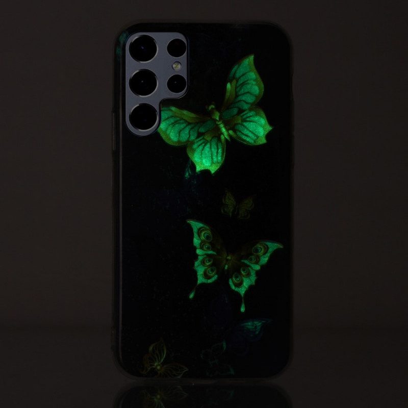 Handyhülle Für Samsung Galaxy S22 Ultra 5G Fluoreszierende Schmetterlinge