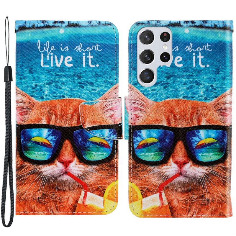 Lederhüllen Für Samsung Galaxy S22 Ultra 5G Mit Kordel Cat Live It Strappy