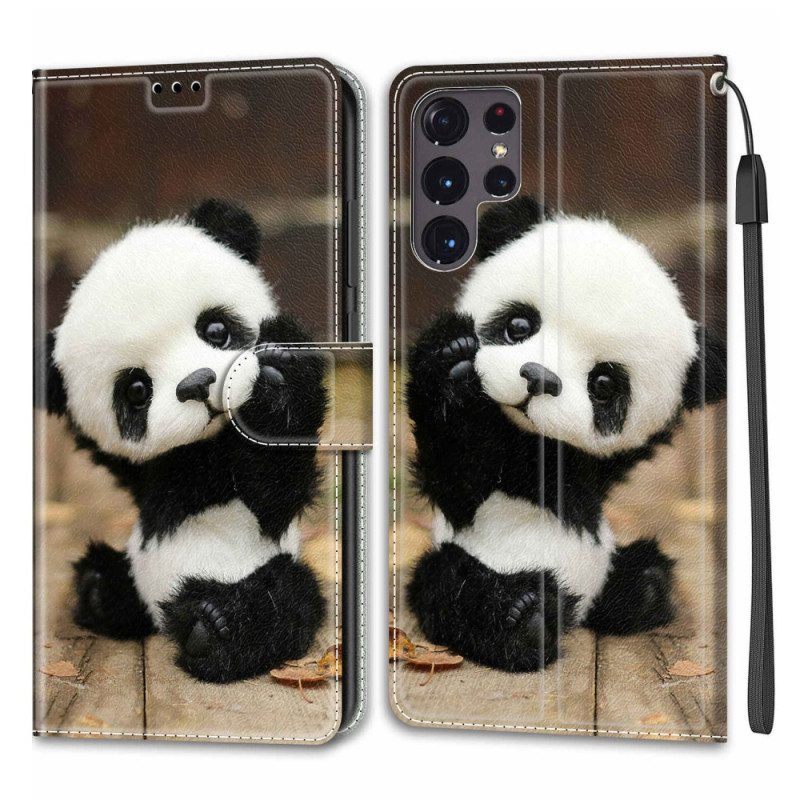 Lederhüllen Für Samsung Galaxy S22 Ultra 5G Mit Kordel Spielen Sie Little Panda Mit Riemen