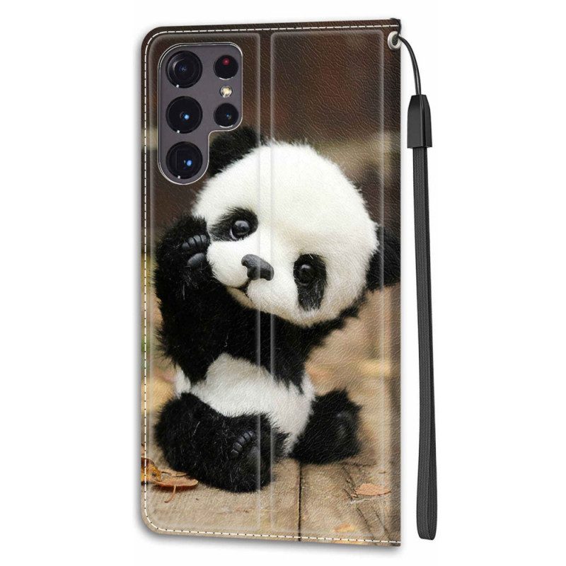 Lederhüllen Für Samsung Galaxy S22 Ultra 5G Mit Kordel Spielen Sie Little Panda Mit Riemen