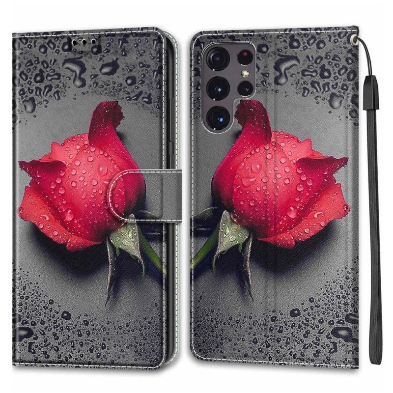 Lederhüllen Für Samsung Galaxy S22 Ultra 5G Rosen Mit Schlüsselband