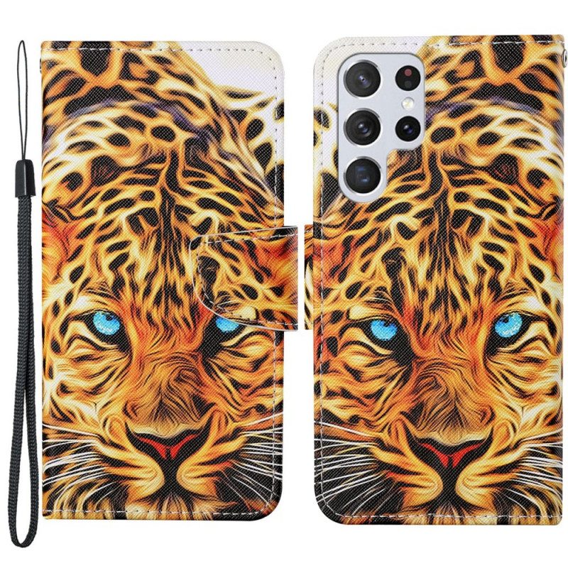 Lederhüllen Für Samsung Galaxy S22 Ultra 5G Tiger Mit Schlüsselband