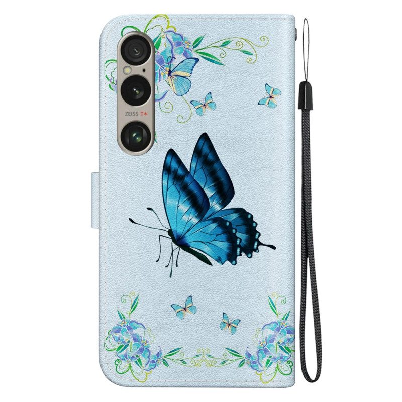 Lederhüllen Für Sony Xperia 1 Vi Blauer Schmetterling Und Blumen Mit Riemen