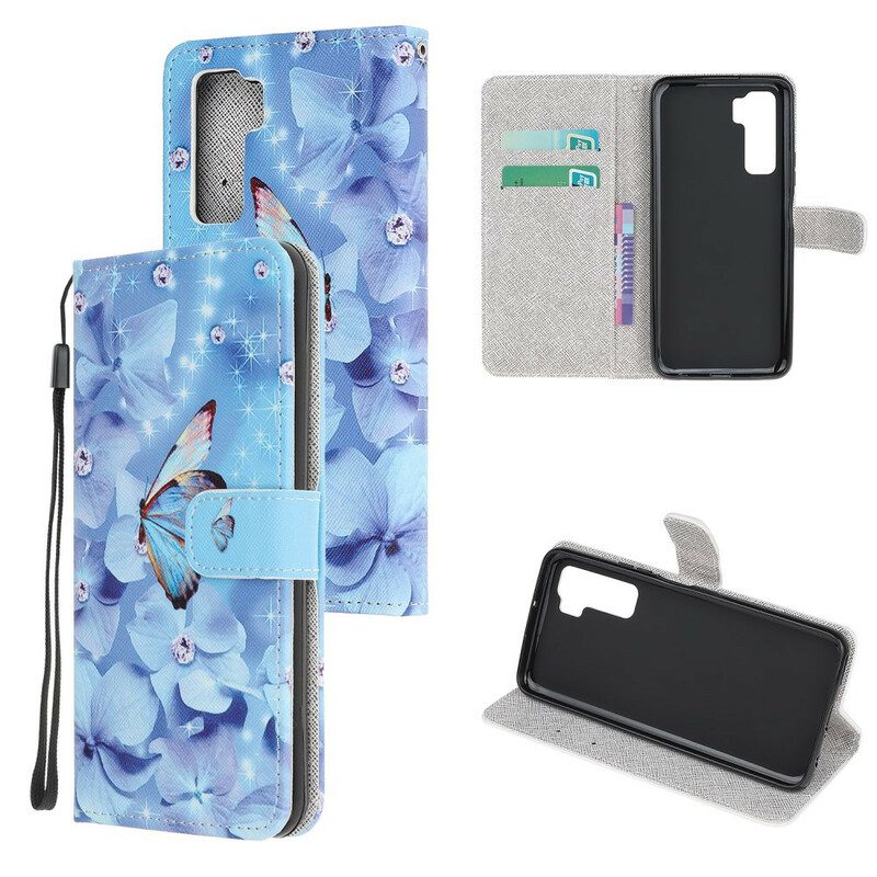 Flip Case Für Huawei P40 Lite 5G Mit Kordel Riemchen-diamant-schmetterlinge