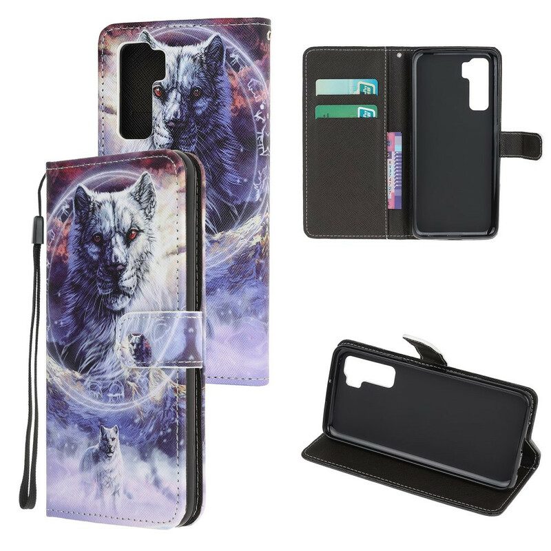 Flip Case Für Huawei P40 Lite 5G Wolf Im Winter Mit Schlüsselband