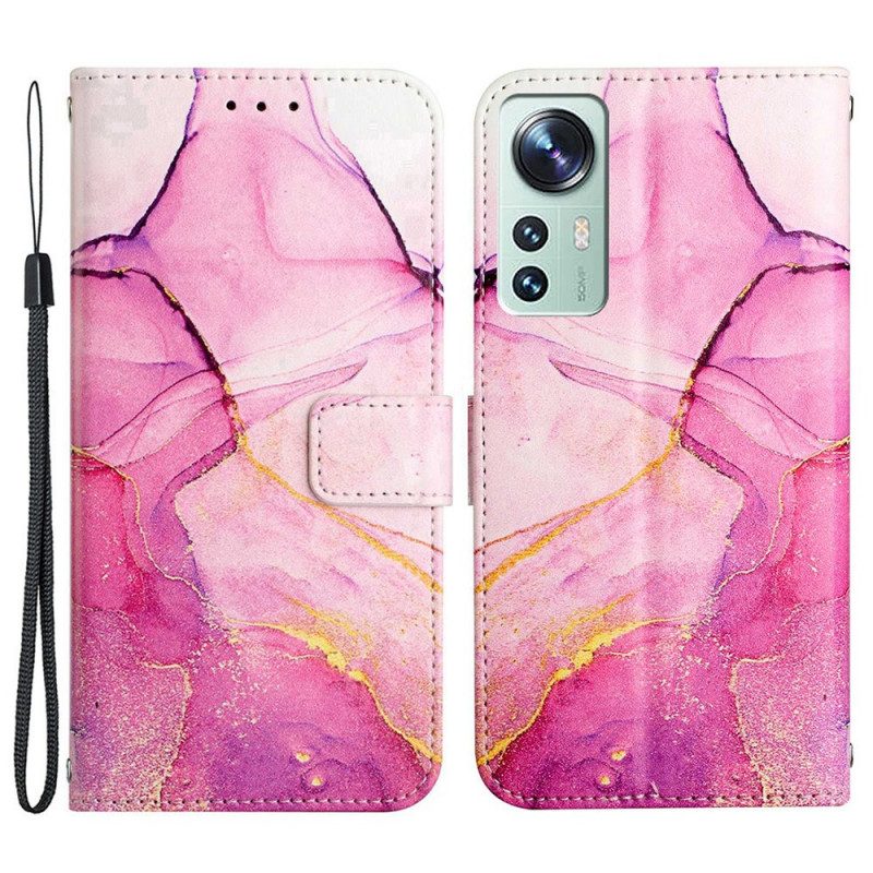 Flip Case Für Xiaomi 12 Pro Mit Kordel Gestreifter Aquarellmarmor