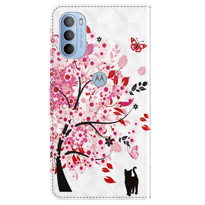 Lederhüllen Für Moto G41 / G31 Rosa Baum Und Schwarze Katze